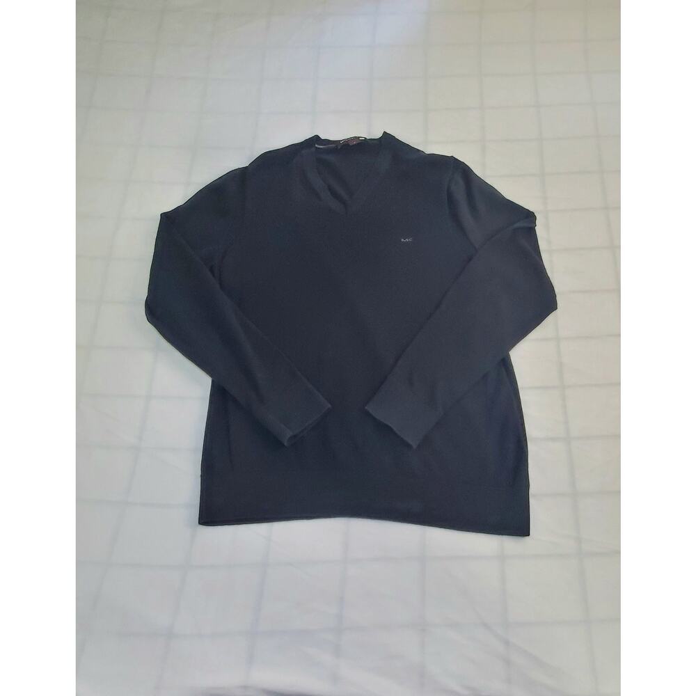MICHAEL KORS Size M Black Contrast Double Tipped Cotton V-Neck Sweater Ca13